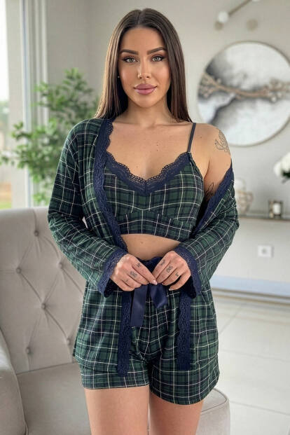 Yeşil Ekose Desenli Bambu Crop Sabahlıklı Şortlu Kadın Pijama Takımı - Pijamaevi