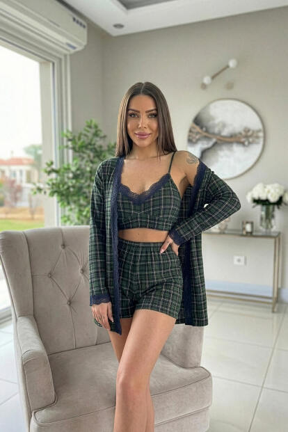 Yeşil Ekose Desenli Bambu Crop Sabahlıklı Şortlu Kadın Pijama Takımı - Pijamaevi (1)