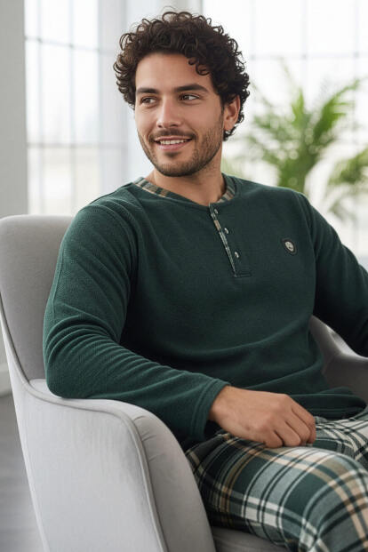 Yeşil Ekose Desenli Polar Erkek Pijama Takımı - Pijamaevi