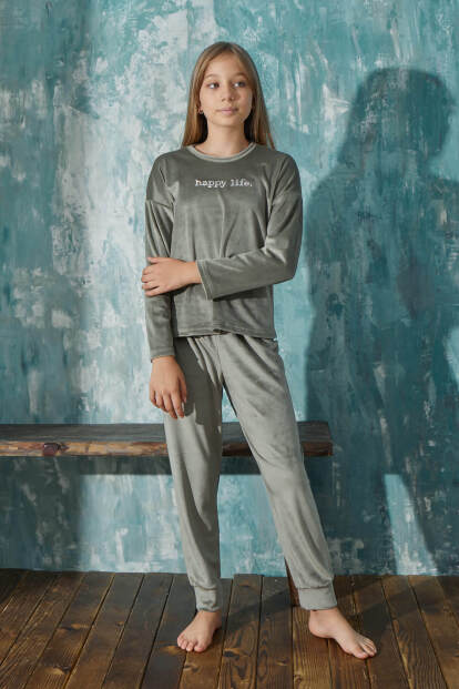 Yeşil Happy Life Desenli Exclusive Kadife Kız Çocuk Pijama Takımı  - Pijamaevi (1)