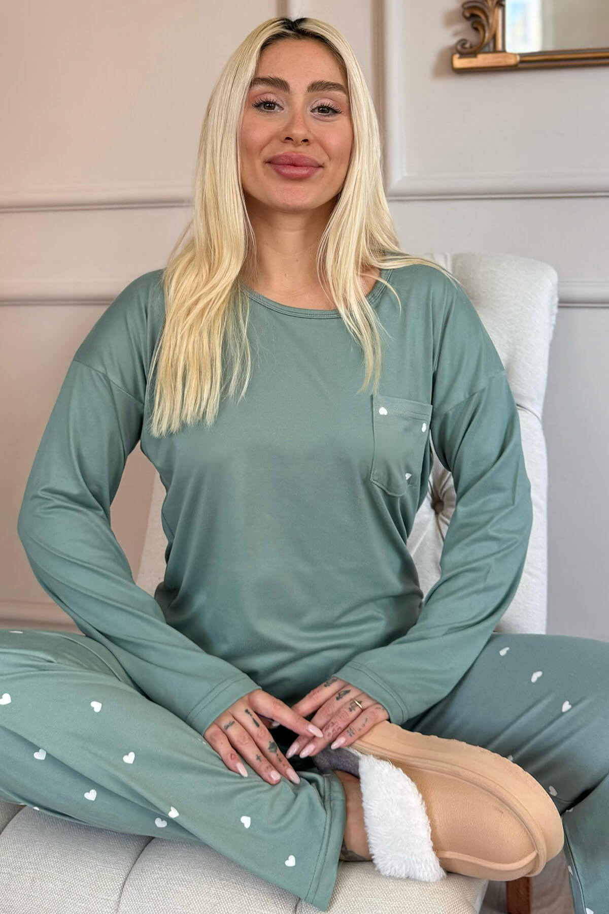 Yeşil Kalp Desenli Bambu Uzun Kol Kadın Pijama Takımı