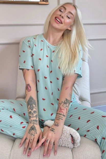 Yeşil Karpuz Desenli Kısa Kol Örme Zincir Kadın Pijama Takımı - Pijamaevi