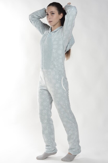 Yeşil Kartanesi Desenli Kadın Polar Peluş Tulum Pijama Takımı - Pijamaevi