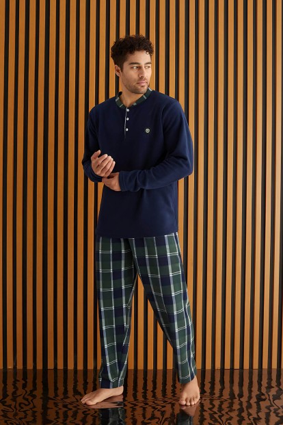 Yeşil Lacivert Ekose Desenli Polar Erkek Pijama Takımı - Pijamaevi (1)