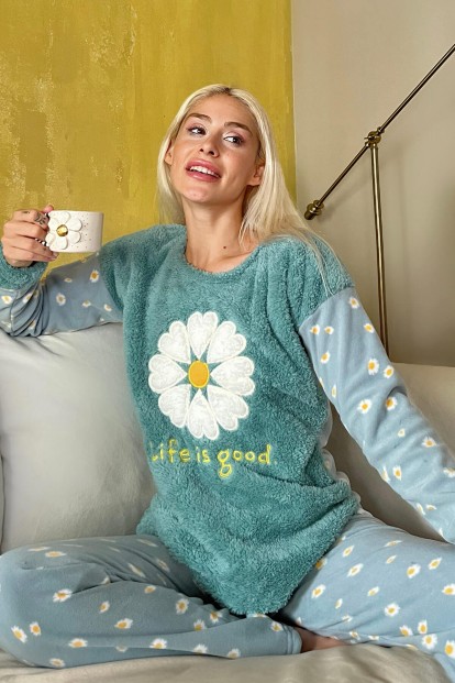 Yeşil Life is Good Desenli Kadın Peluş Pijama Takımı - Pijamaevi