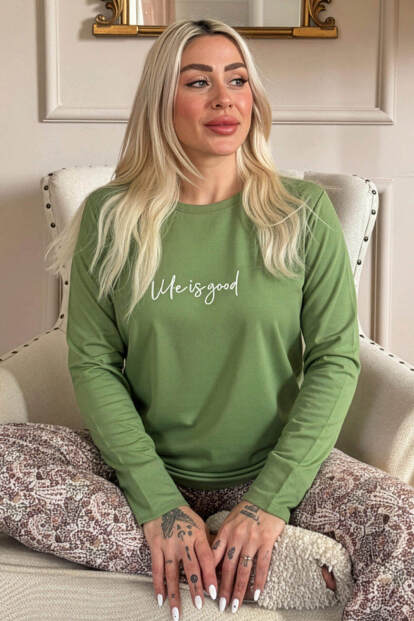 Yeşil Life is Good Desenli Uzun Kollu Bambu Örme Kadın Pijama Takımı - Pijamaevi