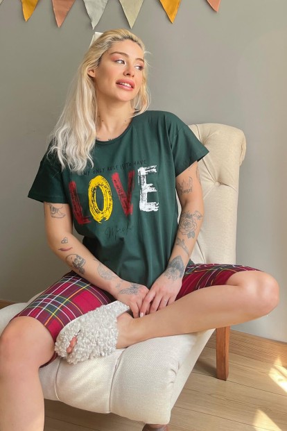 Yeşil Love Baskılı Kapri Bermuda Kadın Pijama Takımı - Pijamaevi