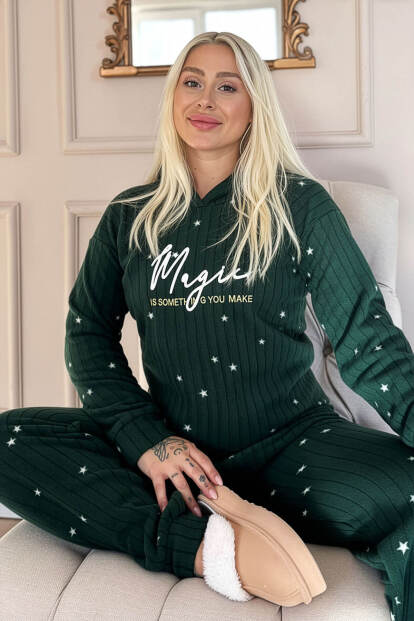 Yeşil Magic Desenli Kapşonlu Peluş Polar Pijama Takımı - Pijamaevi