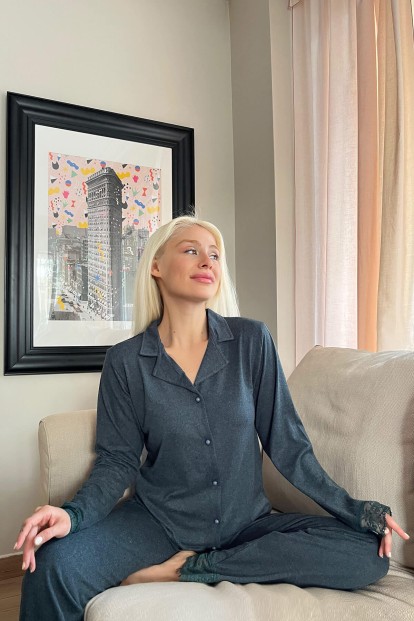 Yeşil Önden Düğmeli Bambu Uzun Kol Pijama Takımı - Pijamaevi (1)