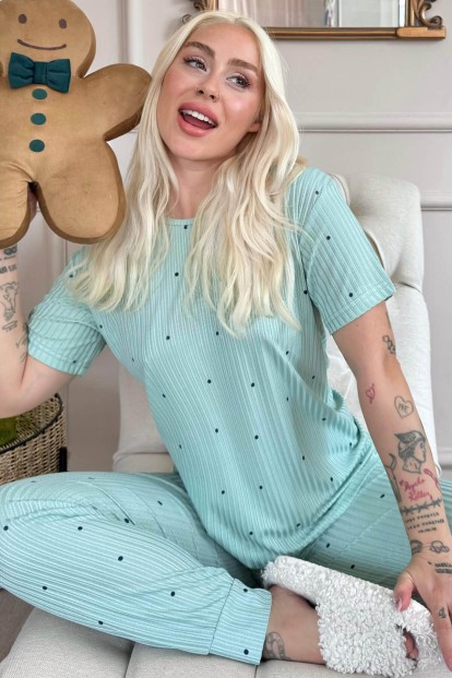 Yeşil Puantiye Desenli Kısa Kol Örme Zincir Kadın Pijama Takımı - Pijamaevi