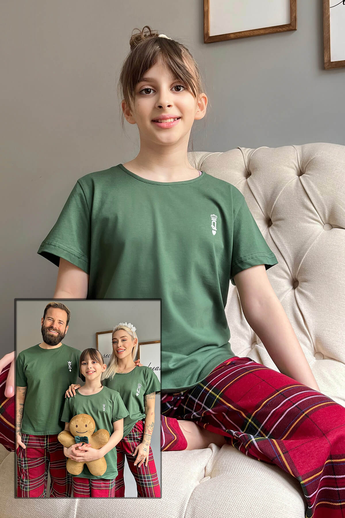 Yeşil Queen Kısa Kol Anne Kız Aile Pijaması - Çocuk Takımı