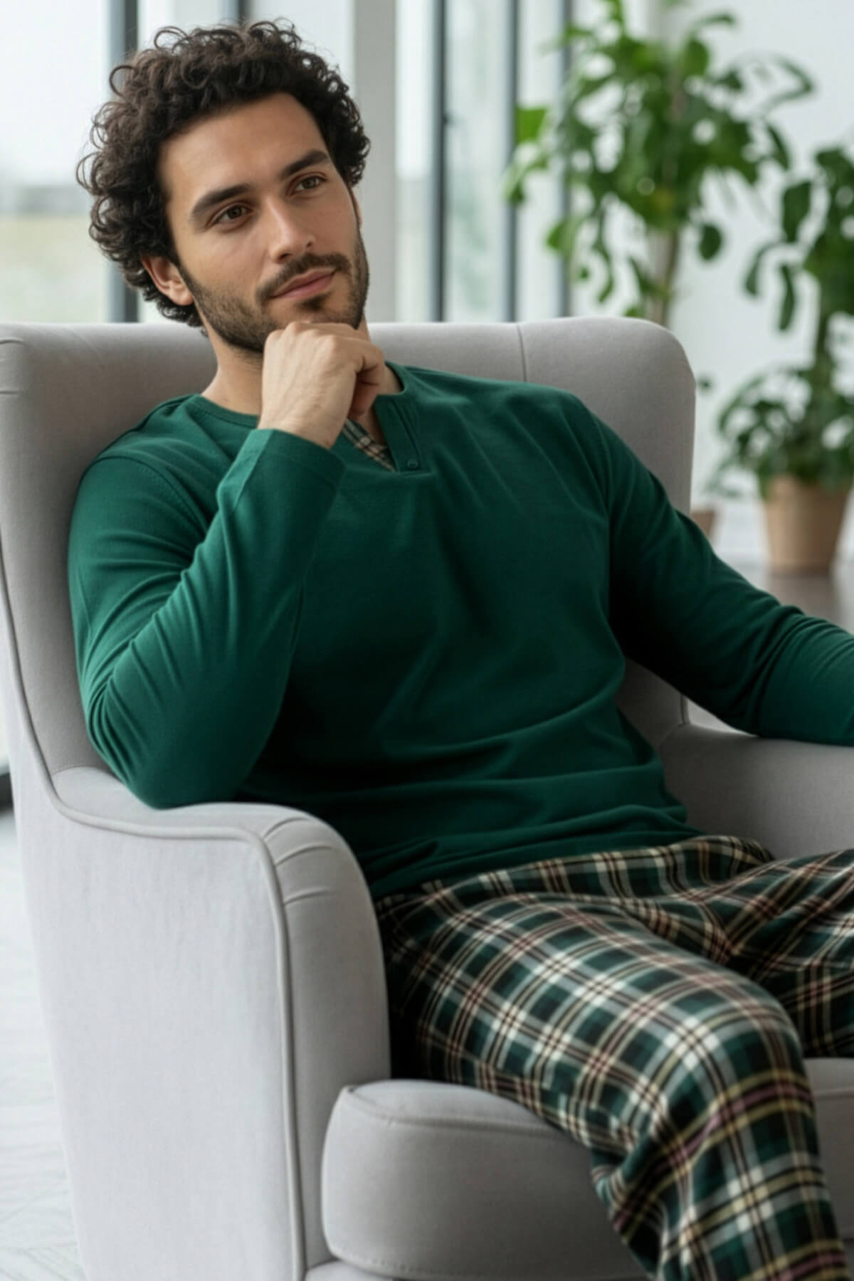 Yeşil Stylish Erkek Uzun Kol Pijama Takımı