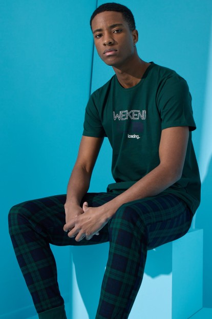 Yeşil Weekend Baskılı Kısa Kollu Erkek Pijama Takımı - Pijamaevi