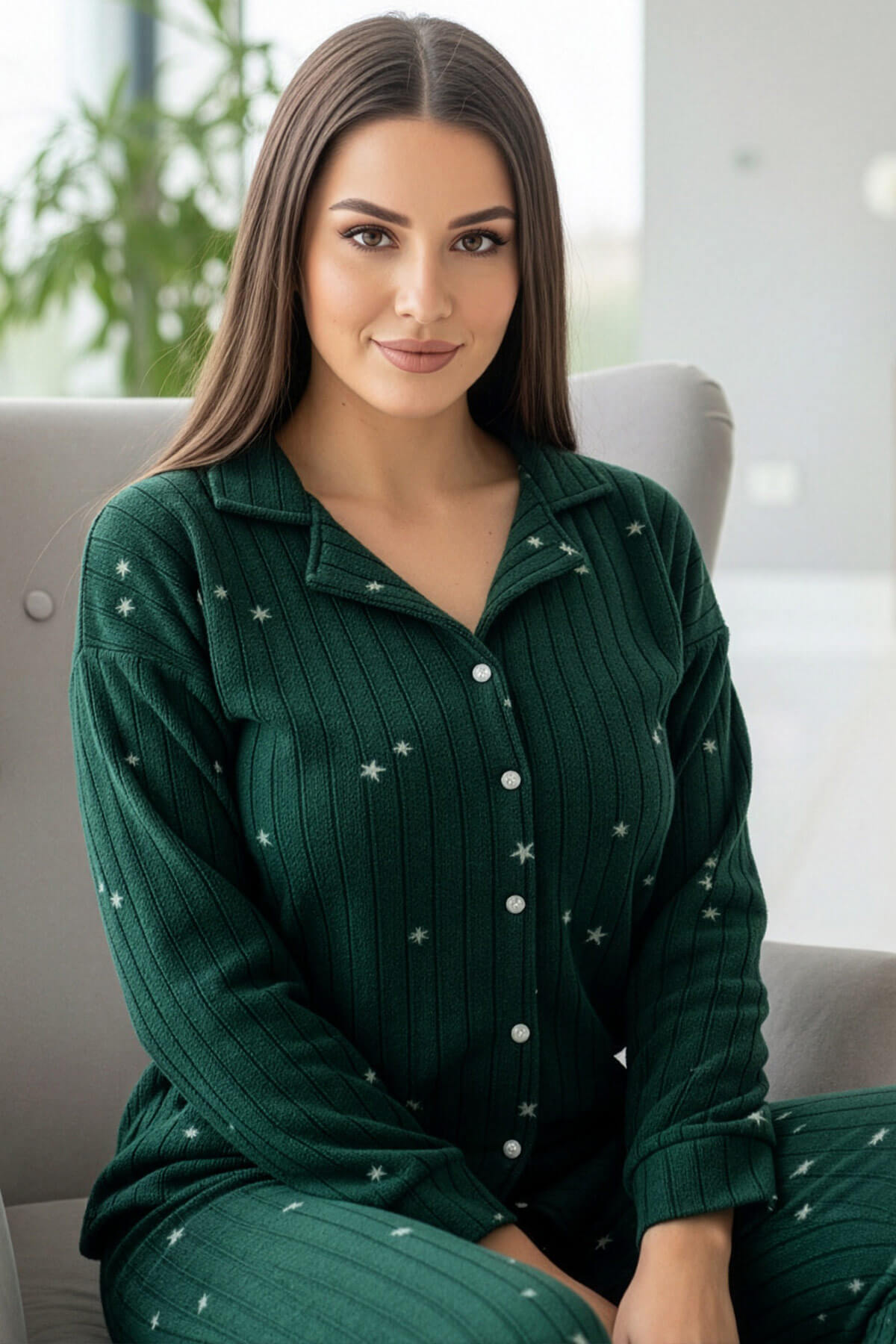 Yeşil Yıldız Desenli Önden Düğmeli Peluş Polar Pijama Takımı
