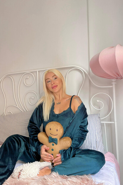 Yeşil Zelena Exclusive Kadife Sabahlıklı Kadın Pijama Takımı  - Pijamaevi (1)