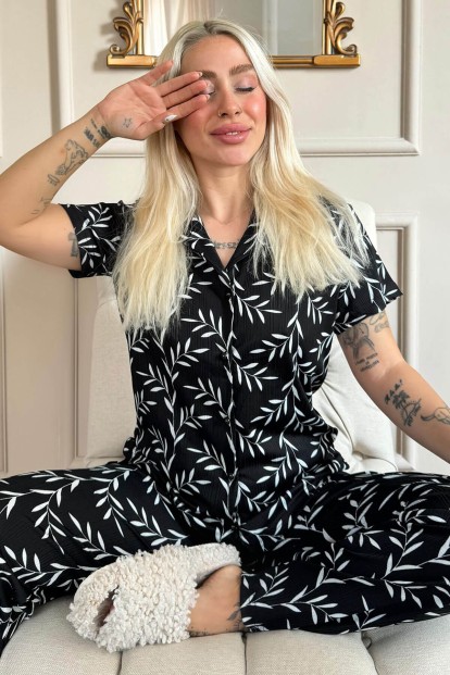 Zeytin Dalı Desenli Örme Önden Düğmeli Kısa Kol Kadın Pijama - Pijamaevi