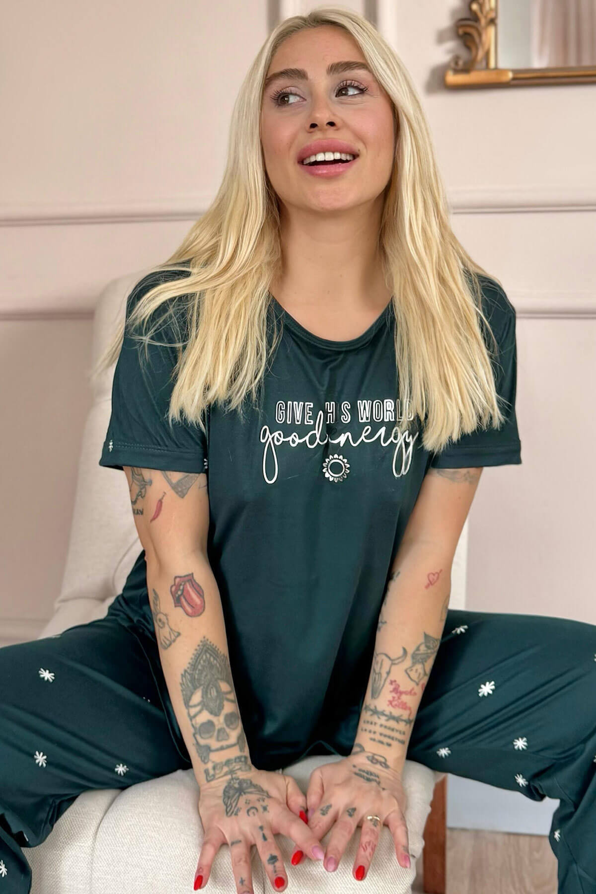 Zümrüt Good Energy Desenli Bambu Kısa Kol Kadın Pijama Takımı