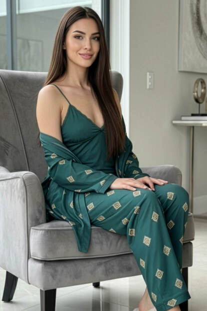 Zümrüt Mozaik Exclusive Örme Sabahlıklı Kadın Pijama Takım - Pijamaevi