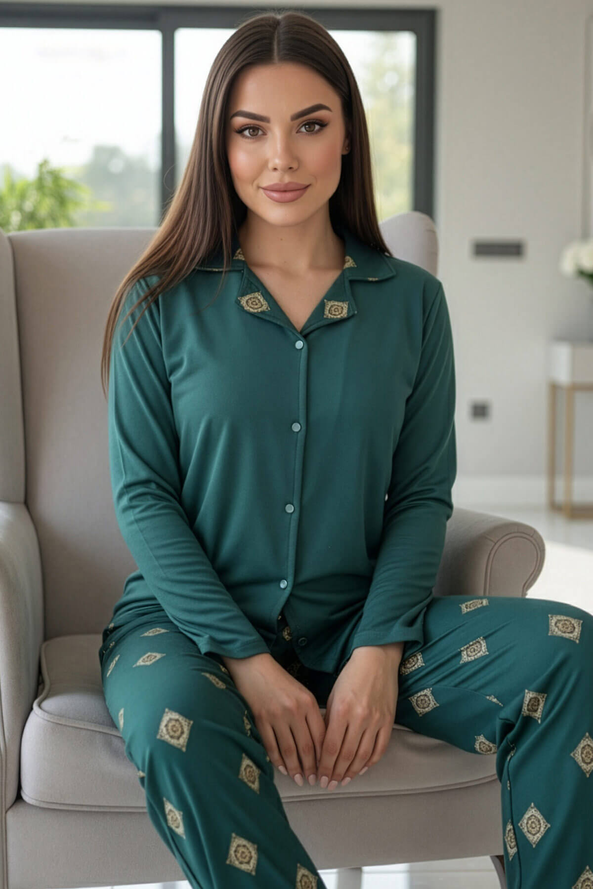 Zümrüt Mozaik Florado Exclusive Önden Düğmeli Uzun Kollu Kadın Pijama Takımı