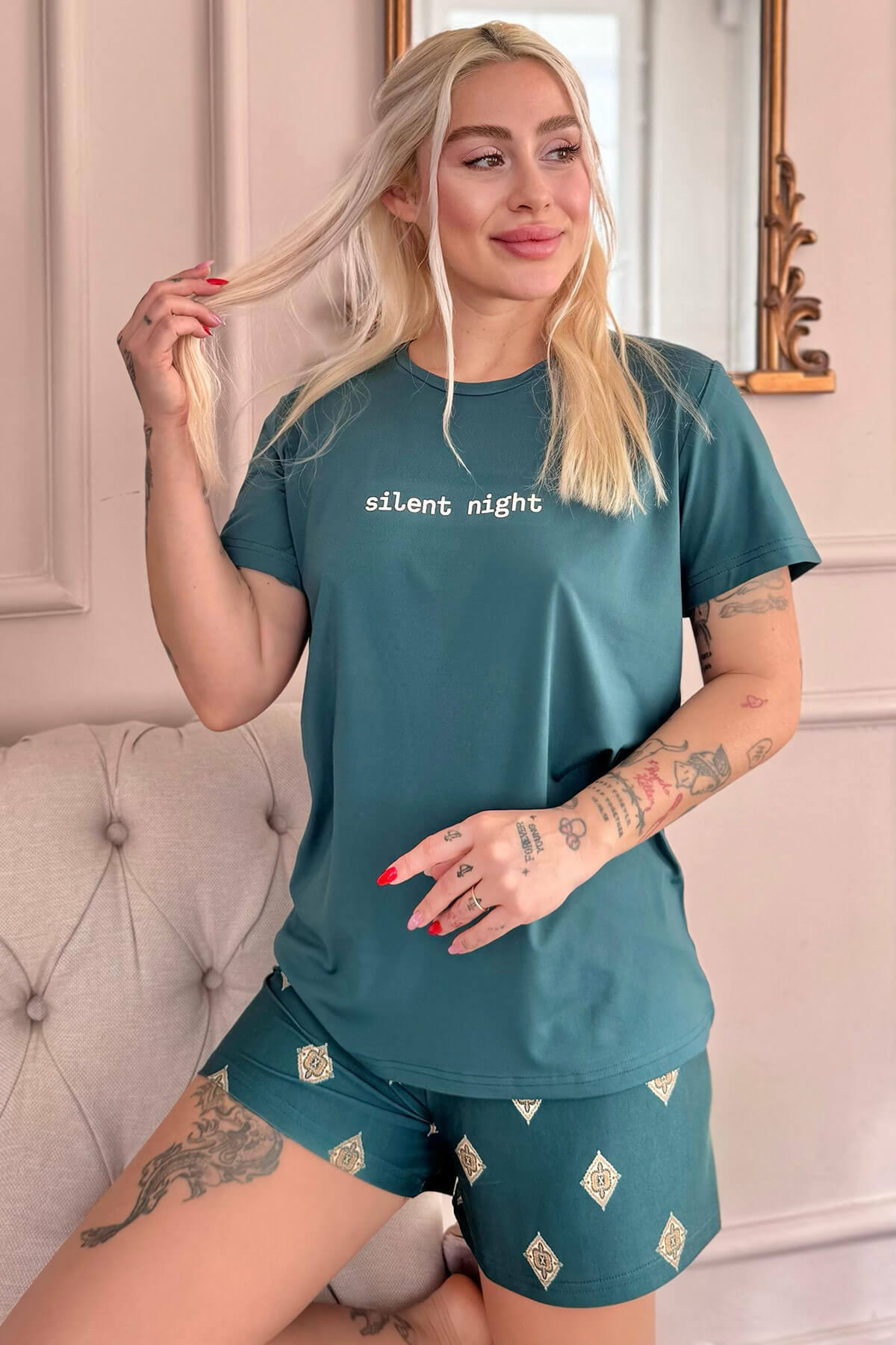 Zümrüt Silent Desenli Kısa Kollu Şortlu Örme Kadın Pijama Takımı