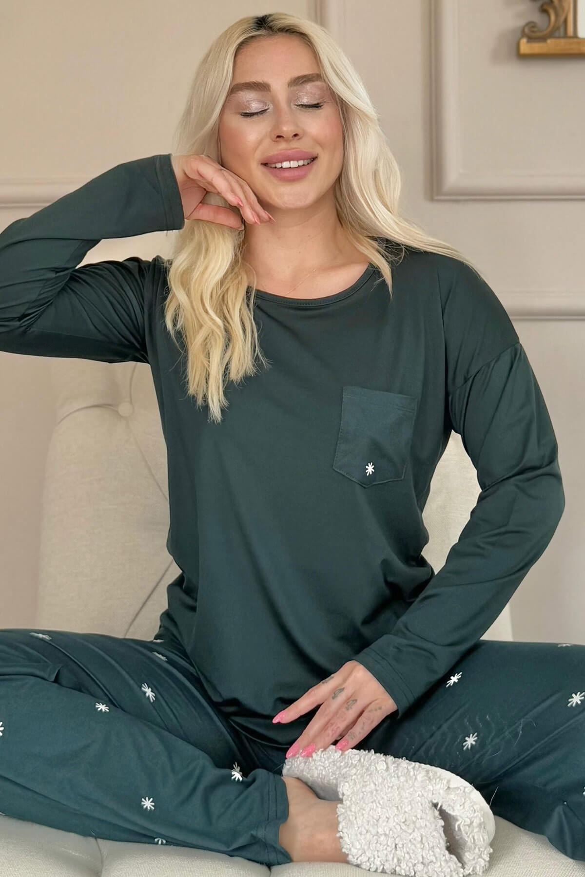 Zümrüt Sunlit Desenli Bambu Uzun Kol Kadın Pijama Takımı
