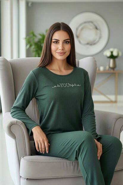 Zümrüt You Desenli Uzun Kollu Dublin Örme Kadın Pijama Takımı - Pijamaevi (1)